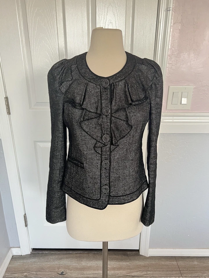 Chaqueta Blazer para Mujer Rebecca Taylor Negra Gris con Volantes Talla 4 Lana Mezcla de Lino Foto 2 de 4