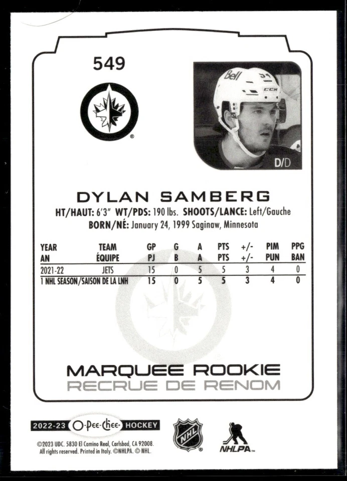 2022-23 O-Pee-Chee Dylan Samberg Rookie #549 H8R1H - Image 2 of 2