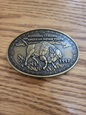 Vintage 1997 BUFFALO Brass Belt Buckle RUNNING STRONG FOR AMERICAN INDIAN YOUTH