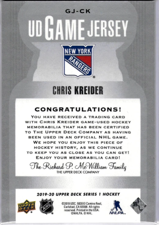 2019-20 Upper Deck - UD Game Jersey #GJ-CK Chris Kreider (Blue) - Image 2 of 2