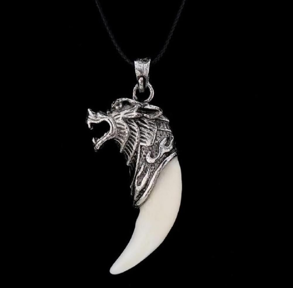 Wolf Tooth Animal Necklace Pendent Mens Silver Fenir Viking Nordic