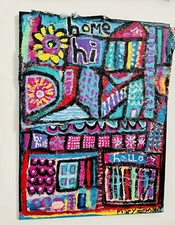 Mary Zeman Outsider Folk Art Painting Canvas “Home Hi Hello” Colorful Houses