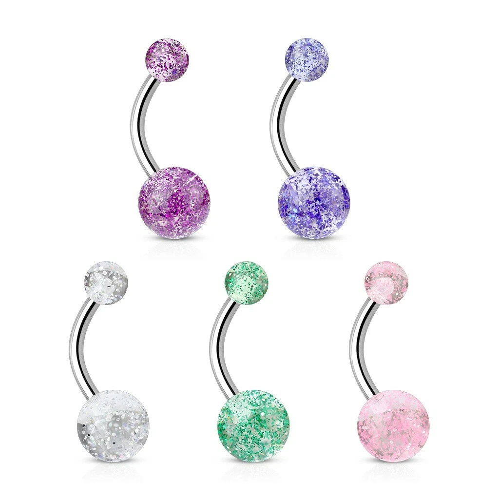5 Pack of Belly Bar Navel Piercings with Glitter Balls Surgical