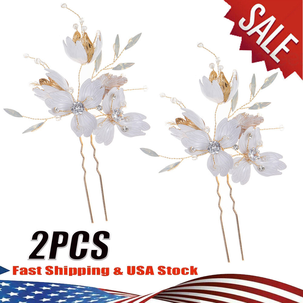 2PCS Rhinestone Flower Leaf Hairpin U-Shape Barrette Alloy Headwear