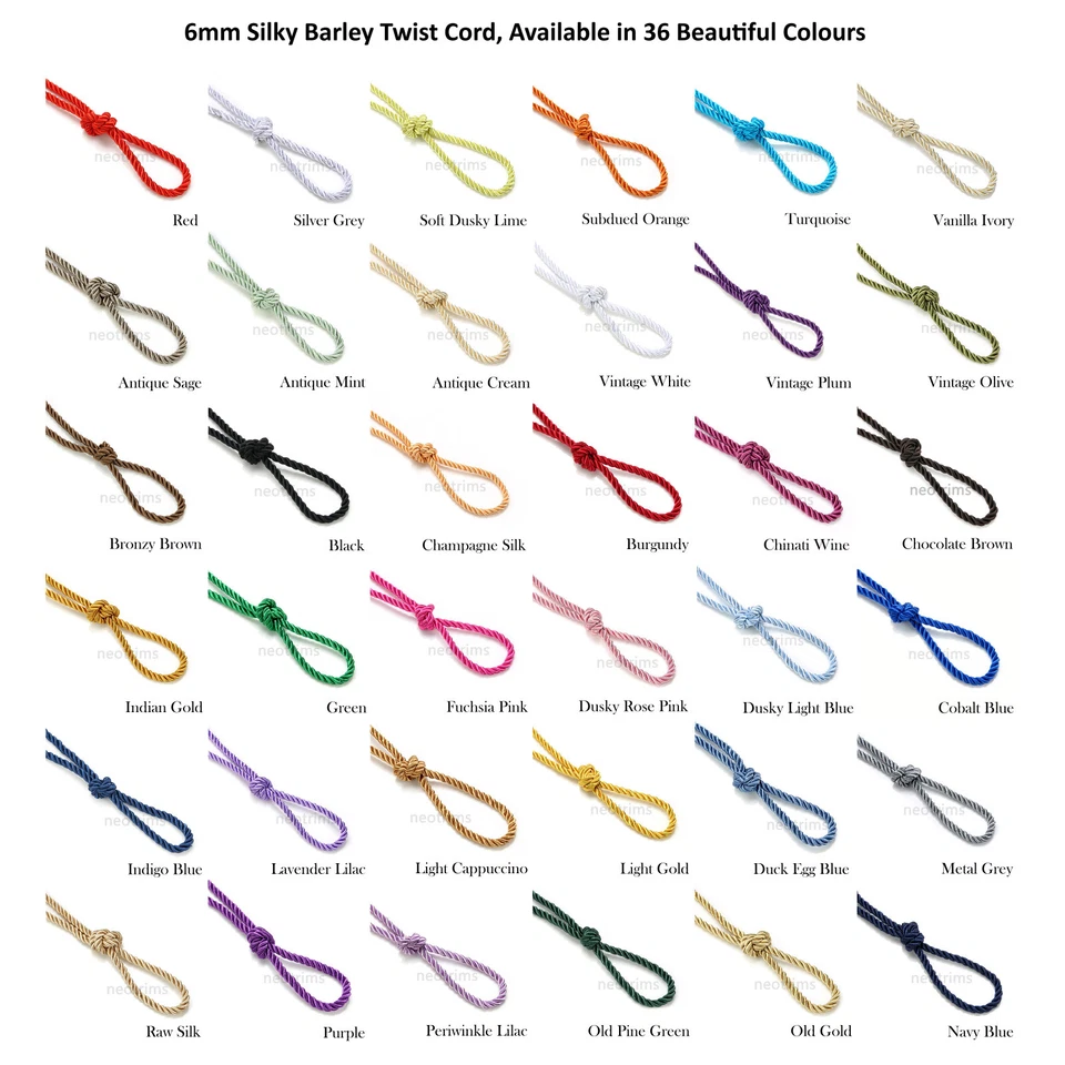 Twisted Cord Silky Barley Twist Satin Rope 6mm Thick Furnishing Piping 3Ply Trim - Image 2 of 4