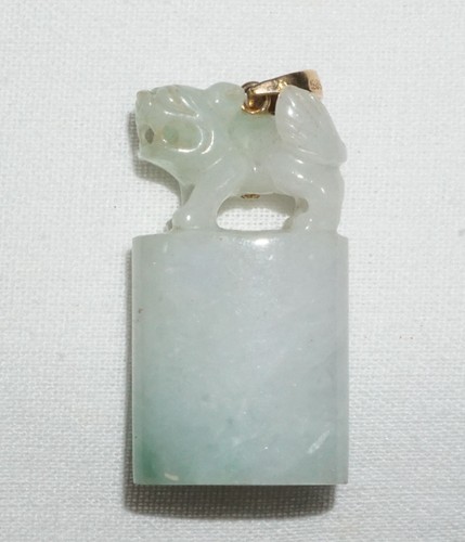 Vintage Chinese 14k Yellow Gold set Jadeite Jade Mini Seal Style Pendant (FeL) - Picture 6 of 18