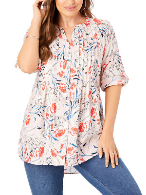 Roamans Tunic Shirt Blouse Top PINK English Floral Big Shirt UK