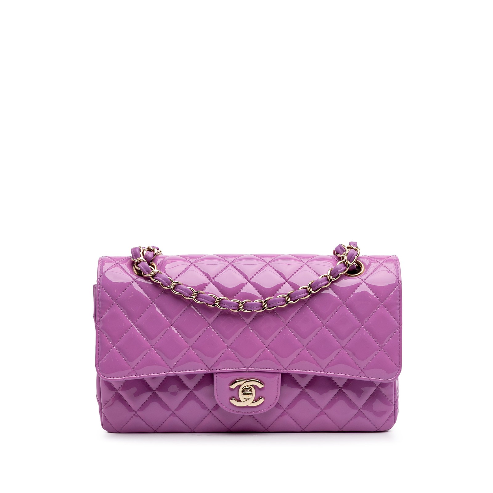 Chanel Medium Classic Double Flap Bag in Purple Patent Leather Authentic