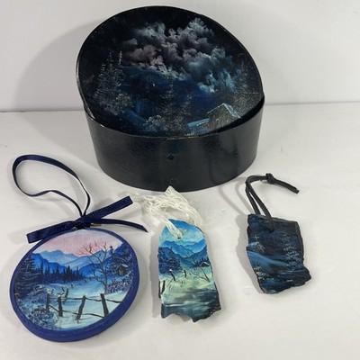 Pantry/Shaker Style Small Round Hand Painted Box & Ornaments Mixed Materials