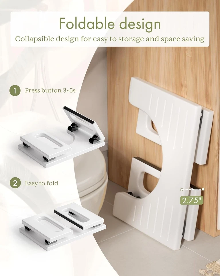 Durable 7 Inch White Bamboo Toilet Stool Foldable No Assembly Adults - Image 4 of 4