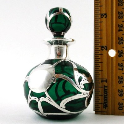Antique PERFUME Bottle - ALVIN Sterling SILVER Overlay GREEN glass - c.1900