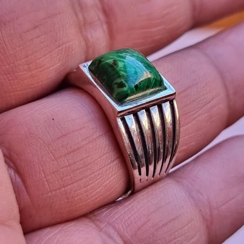 Ancient Antique Victorian Ring Sterling Silver Malachite Stone size 11.5