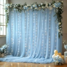 10x10FT Blue Wrinkle Free Backdrop Curtains, Lights String, Photo Background