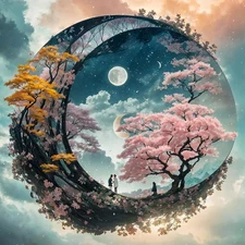 5D Moon Tree Diamond Painting Kits for Adults Beginners, DIY Moon Cherry Blossom