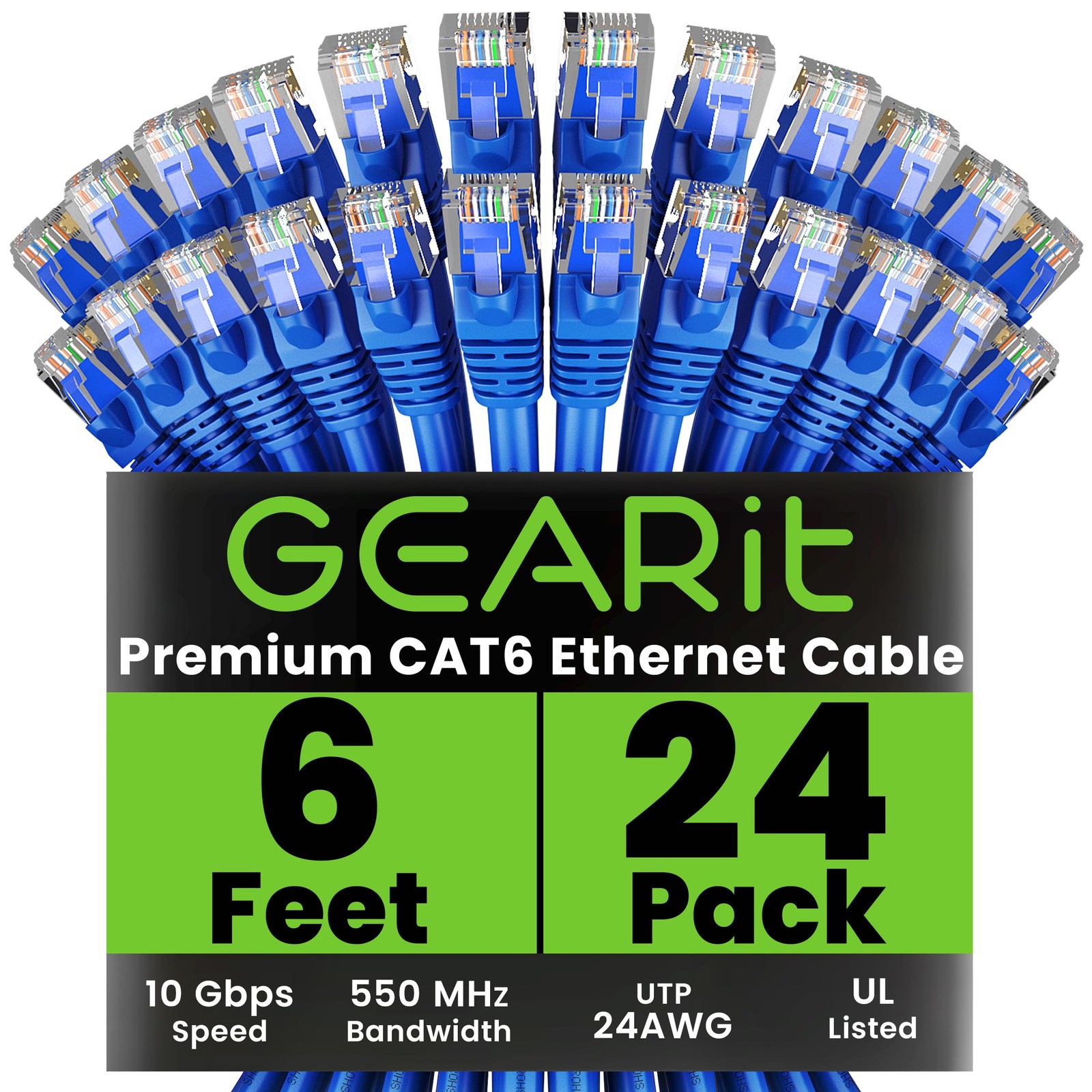 24-Pack 6ft Cat6 Ethernet Cable, 10Gbps High-Speed RJ45 Network Patch Cables with Snagless Design