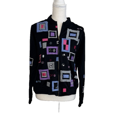 Michael Simon Lite Black Multicolor Geometric Embellished Full Zip Sweatshirt