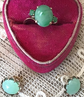 14K Jade Jadeit Ring / Ohrringe Set Transluzent Cabochon Hellgrün Bewertung 