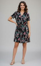 Banana Republic Print Belted Flounce Short Mini Dress Slit Pockets Navy SIZE 2