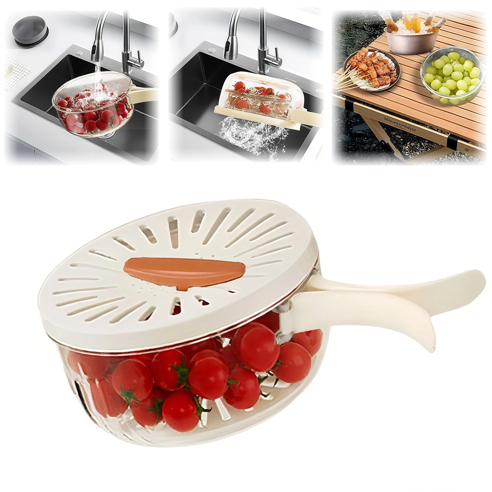 2 in 1 Fruit Vegetable Washing Bowl with Strainer,1 QT Multipurpose Drain Bas...