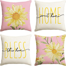 Home Sweet Home Spring Summer Flowers Pink Throw Pillow Covers, 18 X 18 Inch Whi