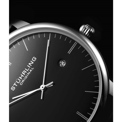 Stuhrling 3997 2 Quartz Rasa Date Noir en Relief Bracelet Cuir Montre Hommes - Photo 4 sur 11