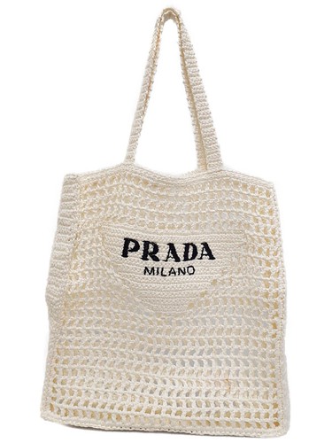 Prada Crochet Net Raffia Tote Shoulder Bag