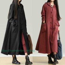 Womens Hooded Outwear Baggy Cotton Linen Dress Loose Jackets Long Coat Dresses