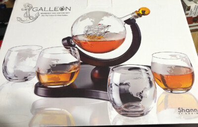 (1 Broken) Galleon Whiskey Decanter Set 4 Globe Tumblers Shannon By Godinger