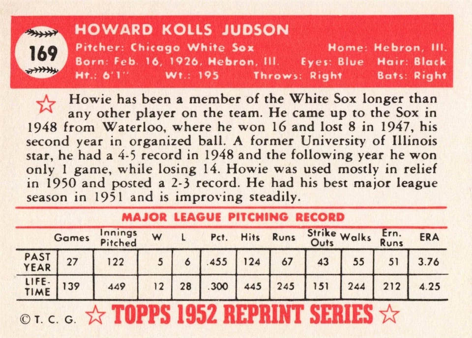 1983 Topps Baseball 1952 Reprint Howie Judson Chicago White Sox #169 - Image 2 of 2