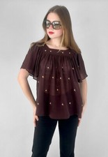 70's Vintage Brown Short Flutter Sleeve Cheesecloth Cotton Smock Top Embroidery