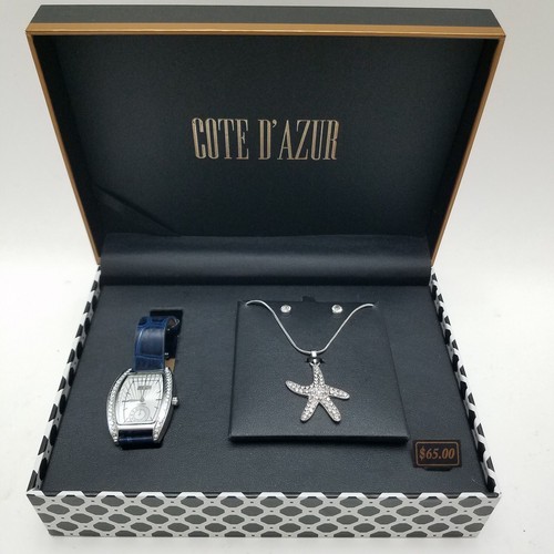 COTE D’AZUR Womens Watch Necklace Earrings Set Silvertone New Battery Gift
