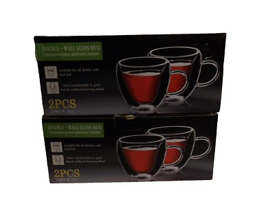 2 boxes 2 each CnGlass Double Wall Glass Coffee Mugs w/Handle 8.5 oz.