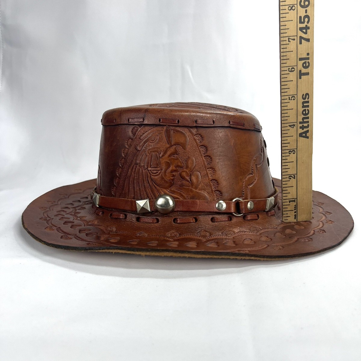 Embossed Leather Cowboy Hat Tooled Brown Native Chief Eagle  display picture 3