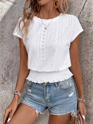 White LUNE Women's Summer Round Neck Elastic Waist Slim Fit T-Shirt SzXS S M LXL