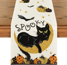 Artoid Mode Pumpkins Black Cat Spooky Halloween Table Runner, Moon Kitchen Dinin