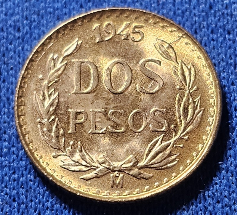 A 1945 Mexican Dos Pesos, Mexico Mexican 2 Peso Gold Coin .0482 TOZ AGW 2