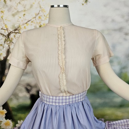 Vintage 1950s Blouse Top Shirt Petal Pink Back Button Closures Pleated Lace - Picture 1 of 14