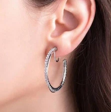 Clip on 1 1/2" silver clear stone and wire hoop earrings