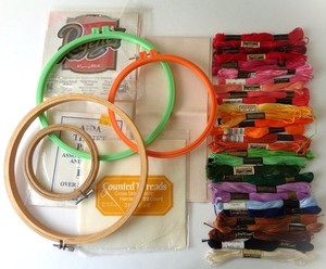 HAND EMBROIDERY LOT OF HOOPS, FLOSS AND CROSS STITCH FABRIC