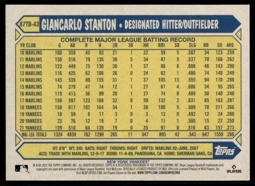 2022 Topps Baseball #87TB-43 Giancarlo Stanton 35th Anniversary Blue - Picture 2 of 2