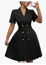 Women’s Elegant Double-Breasted Pleated Blazer Dress Short Sleeve Notch Lapel