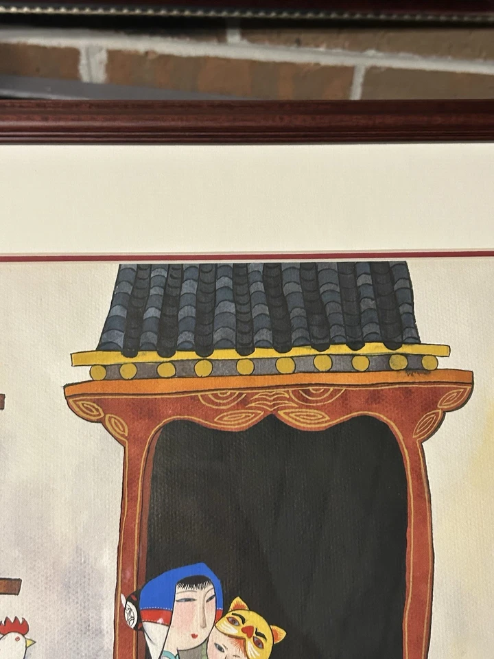 Arte gouache Wu Chi Yong en papel enmarcado madre/niña con marca de corte para niños Foto 3 de 4