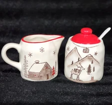 Potter's Studio SKI VILLAGE Sugar Bowl & Creamer Set Ceramic Retro Cabin Deer
