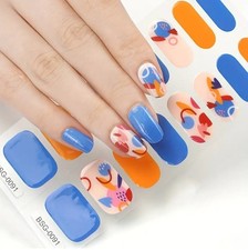 16 Semi Cured Gel Nail Stickers Wraps UV Lamp Required, Blue Orange 0091