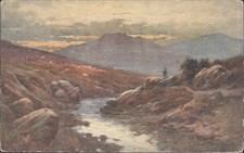 C.W. Faulkner Mountain Landscape Shepherd Sheep Stream Art Postcard UK