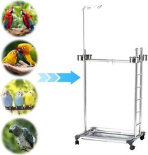 Large Stainless Steel Parrot Playstand with Wheels  Bowls - Bird Training Perch