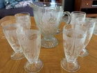 Vtg Clear Depression Glass Jeanette Iris & Herringbone Pitcher & 6 Tall Glasses