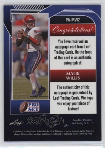2022 Leaf Pro Set Metal Purple Wave /25 Malik Willis #PA-MW2 Rookie Auto RC - Bild 2 von 3