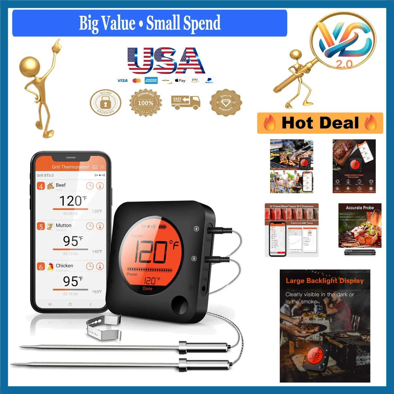 Wireless Bluetooth Meat Thermometer LCD Dual Probe Grill Oven Smoker Kitchen
Opens in a new window o