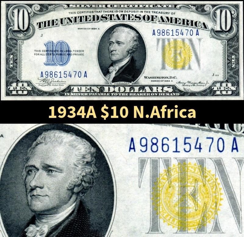 HGR SUNDAY 1934A $10 N.Africa ((Blue/Yellow BEAUTY)) Appears GEM UNCIRCULATED